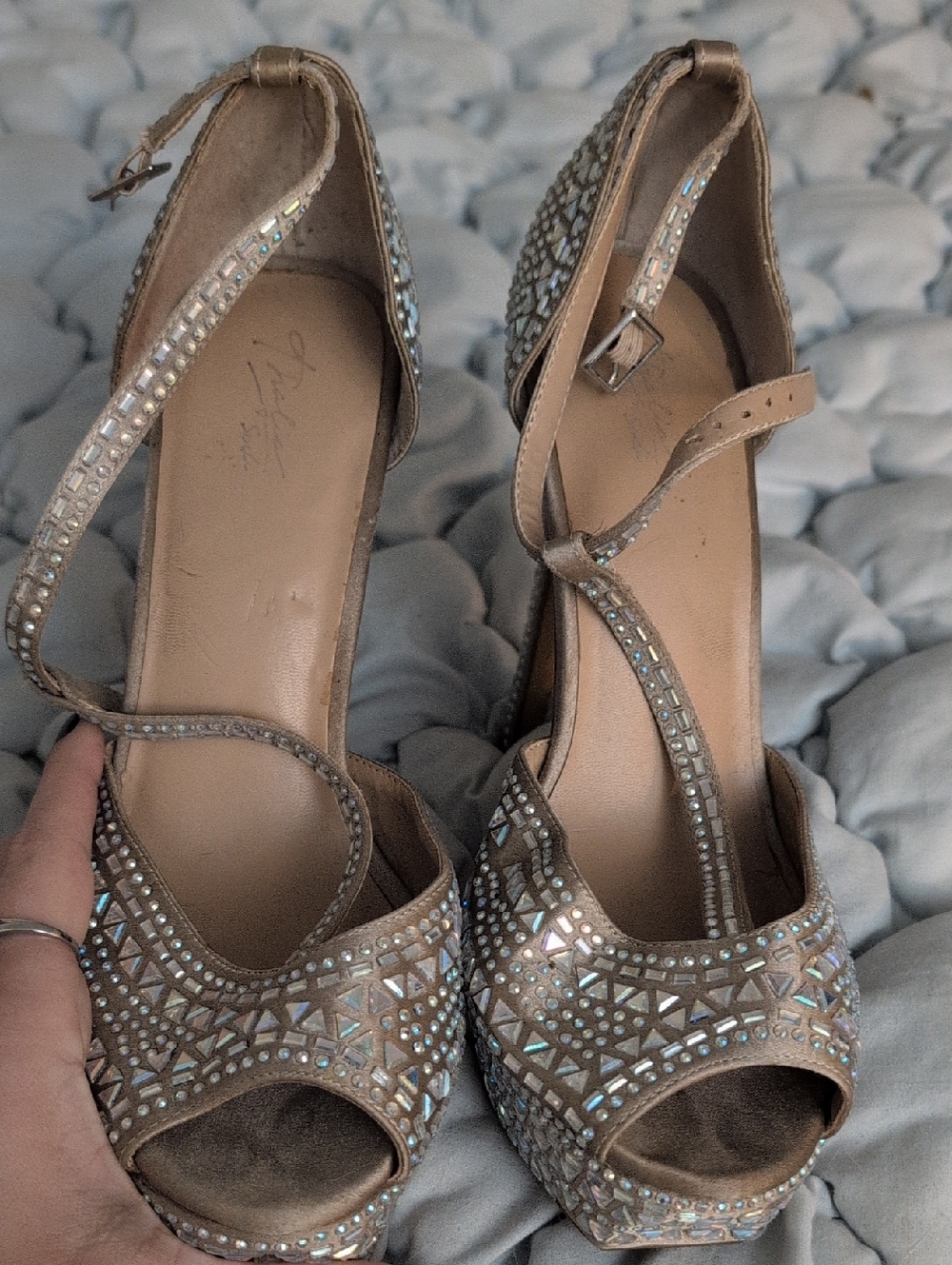 Embellished Taupe Open-Toe Heels with Ankle Strap